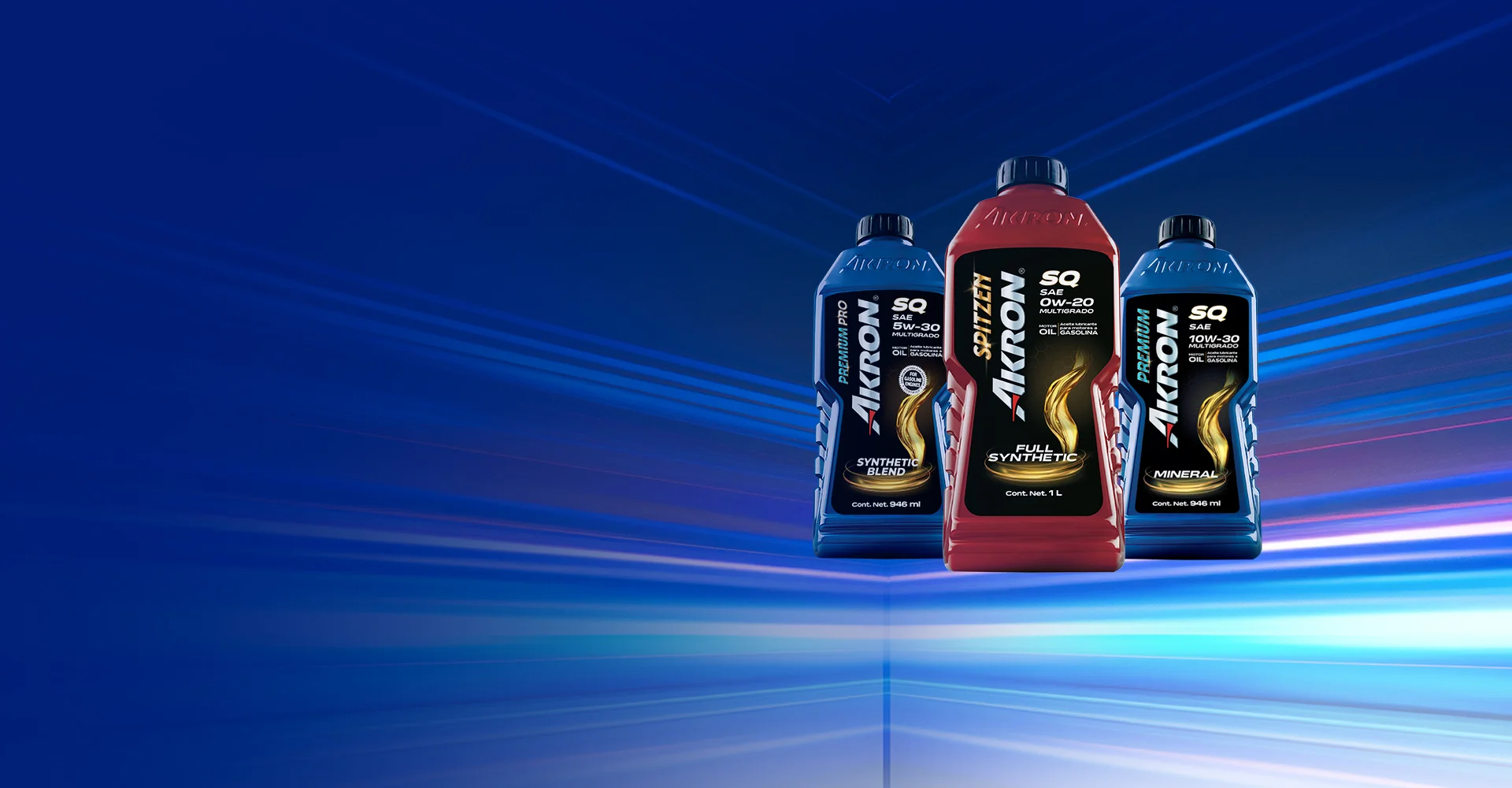 Botellas de aceites Akron línea SQ sobre fondo azul con efectos de luz