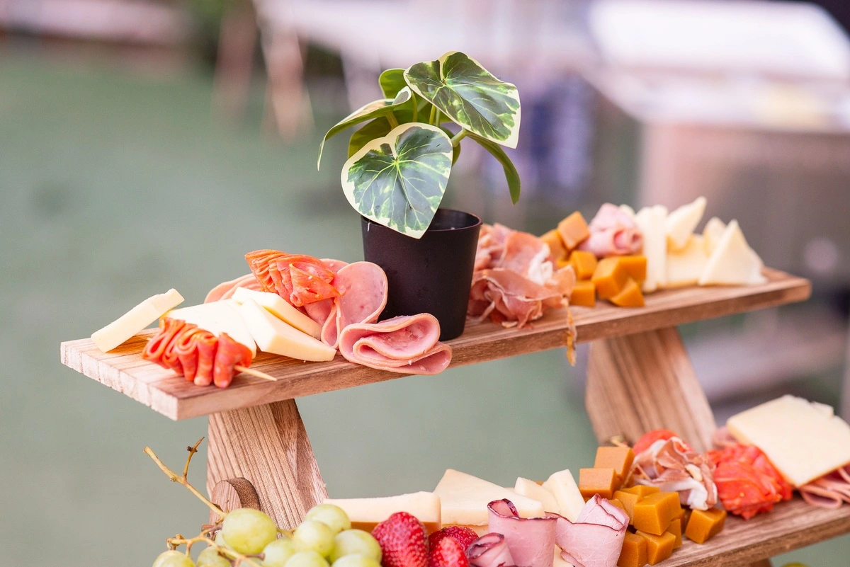 Tabla con quesos y charcutería decorada con una planta en maceta negra al centro
