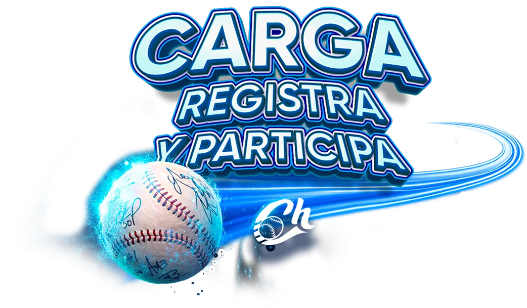 Tipografía de carga registra y gana con una pelota de beisbol en la esquina inferior izquierda con un halo de luz azulada