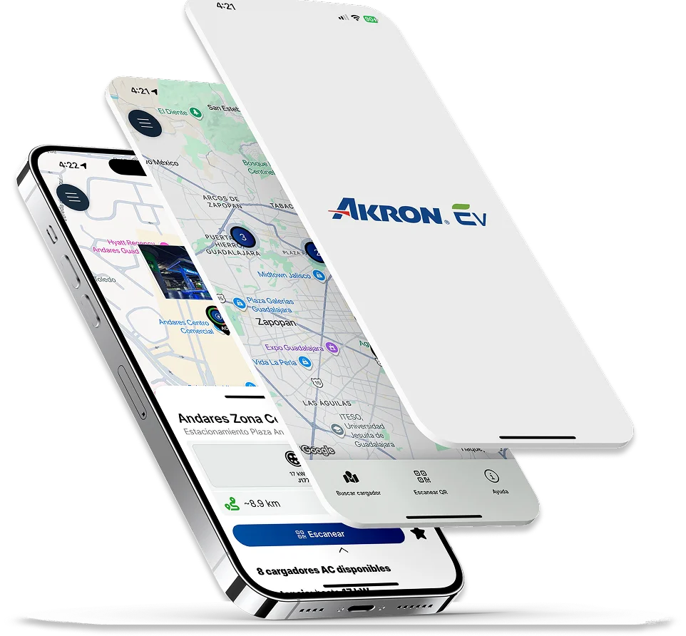 celular con 2 capas , una con el logo de AKRON EV y otra con el mapa de los puntos de carga